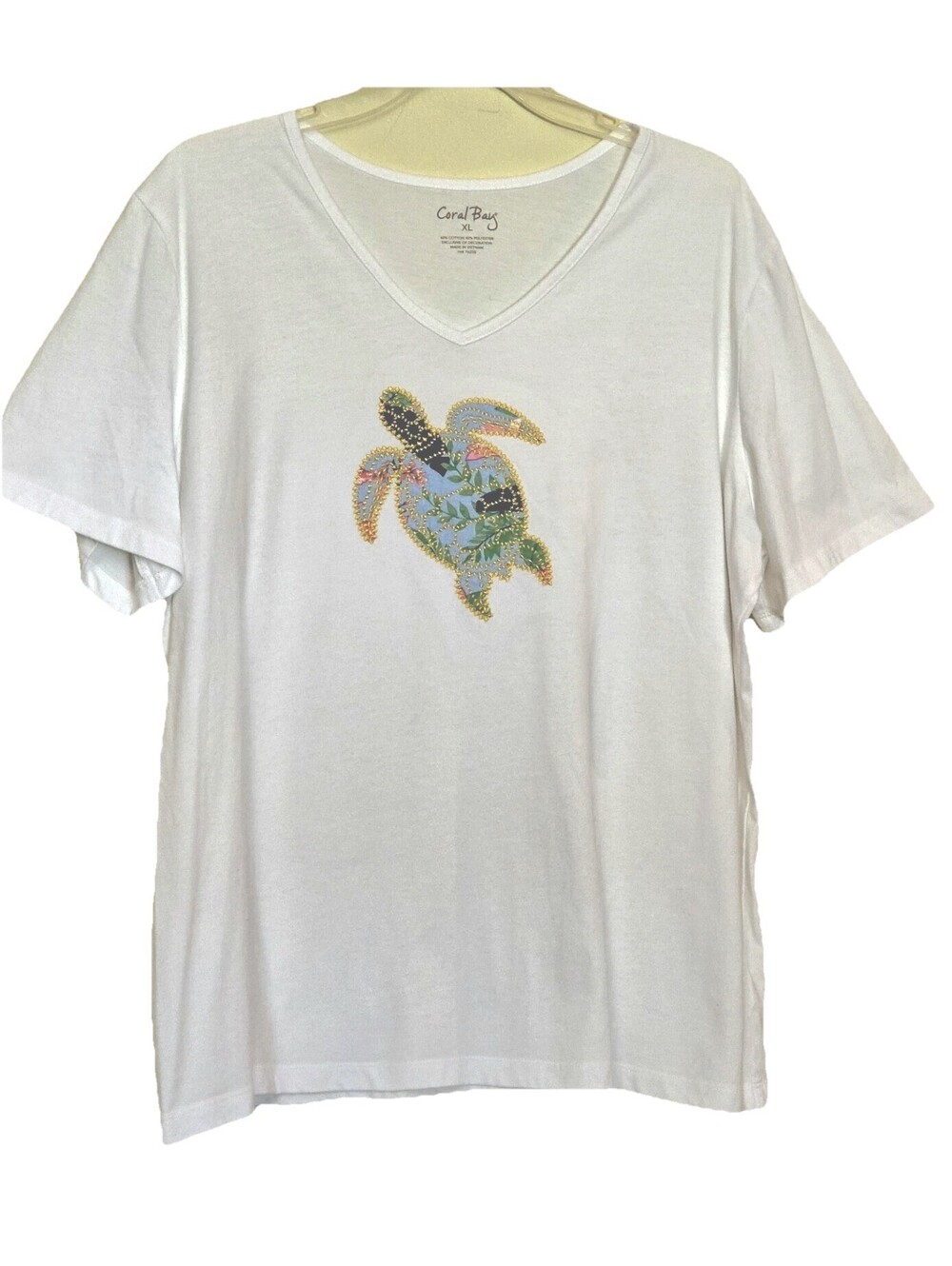 Women’s T-Shirt XL Coral Bay Sea Turtle Embroidered Graphic V-Neck White Resort